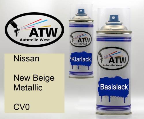 Nissan, New Beige Metallic, CV0: 400ml Sprühdose + 400ml Klarlack - Set, von ATW Autoteile West.